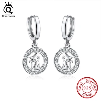 

ORSA JEWELS Cat Dangle Earrings 925 Sterling Silver Forever Cubic Zirconia Female Drop Earrings 26MM Round Ears Jewelry SE272