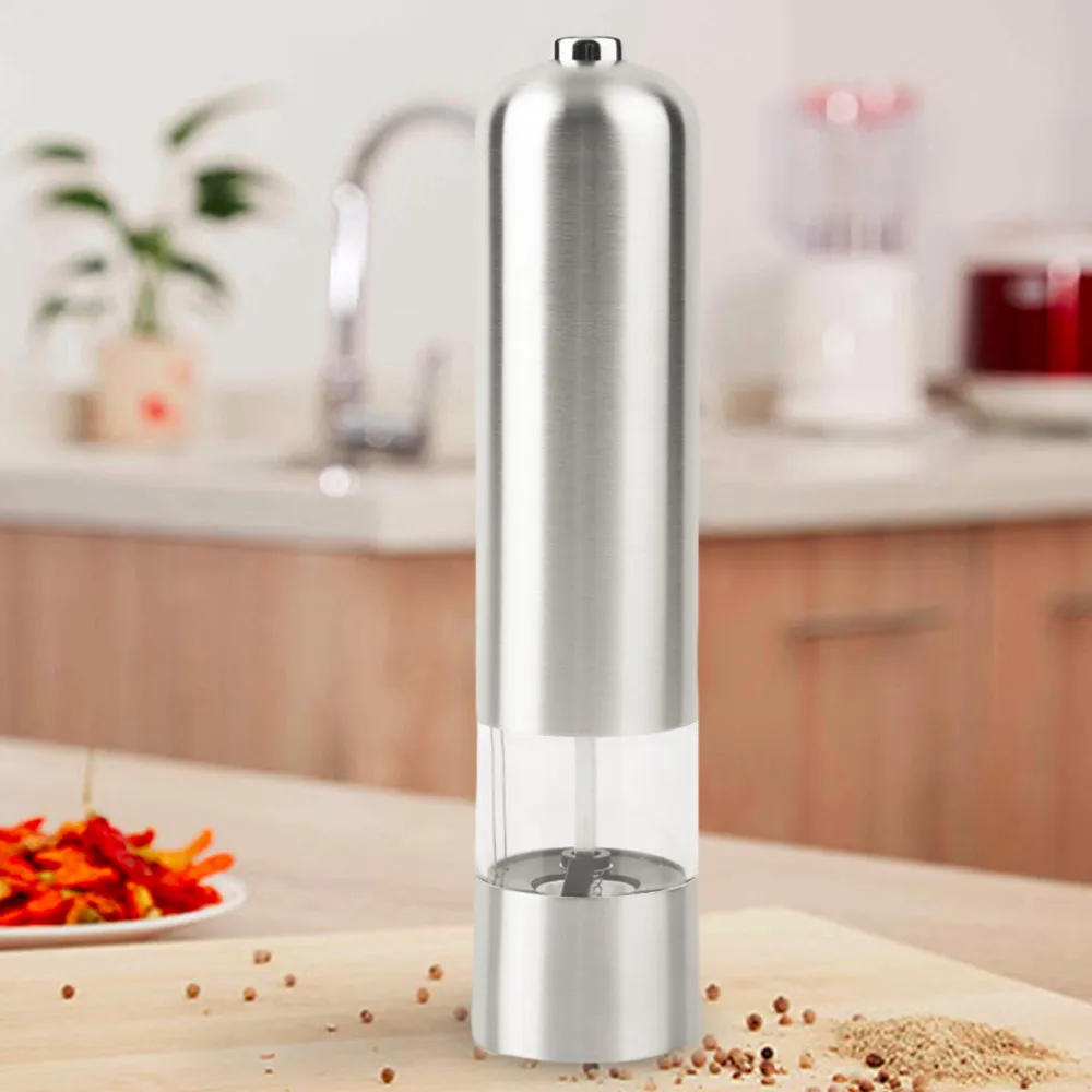 Stainless Steel Прессованная круглая электрическая мельница для перца из нержавеющей стали, мельница для соли или мельница для перца-серебряный цвет-светильник - Цвет: Stainless Steel