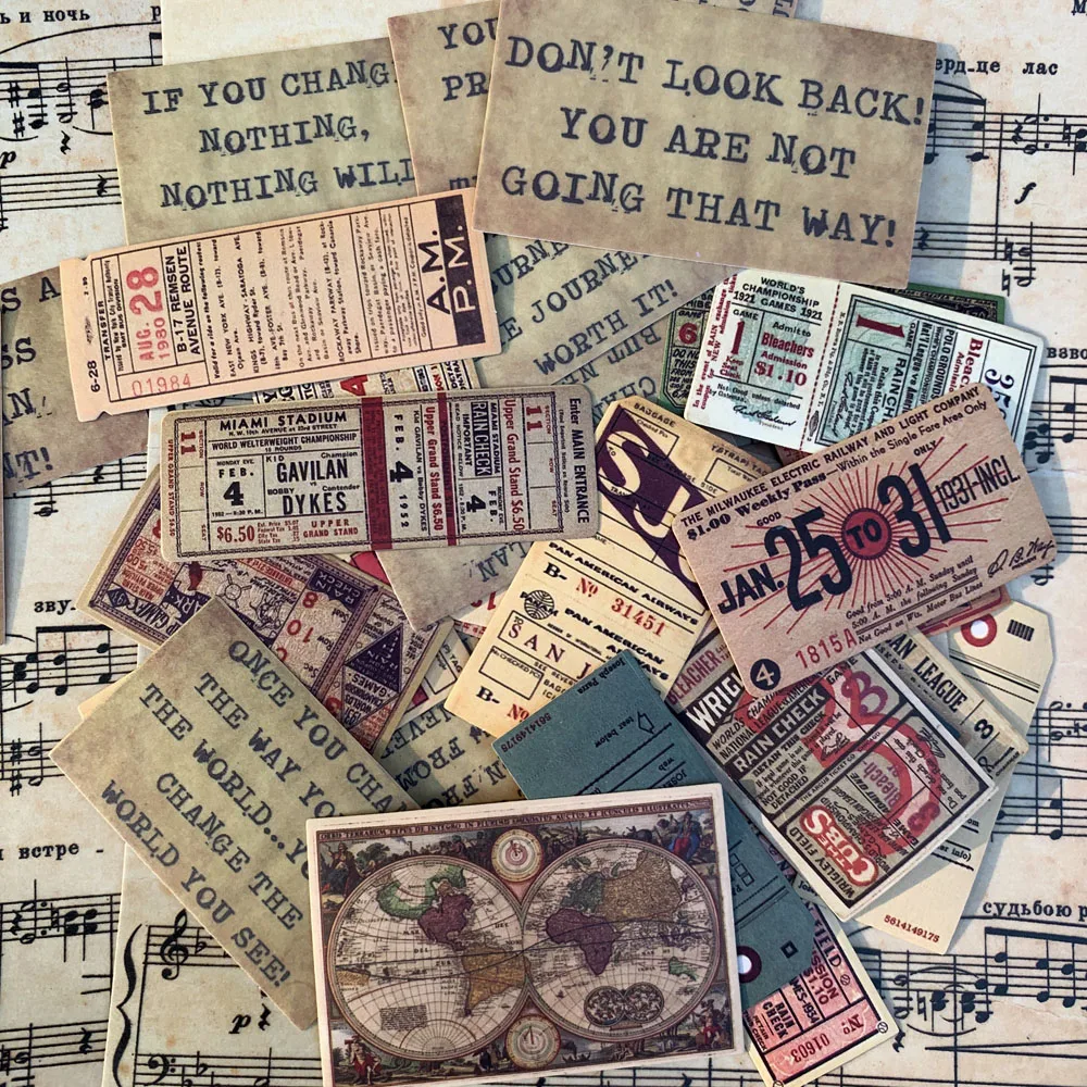 

42pcs Europe Vintage Map Ticket Label Letter Classical Life Motto Retro Music Score Background Paper Sticker DIY Scrapbooking