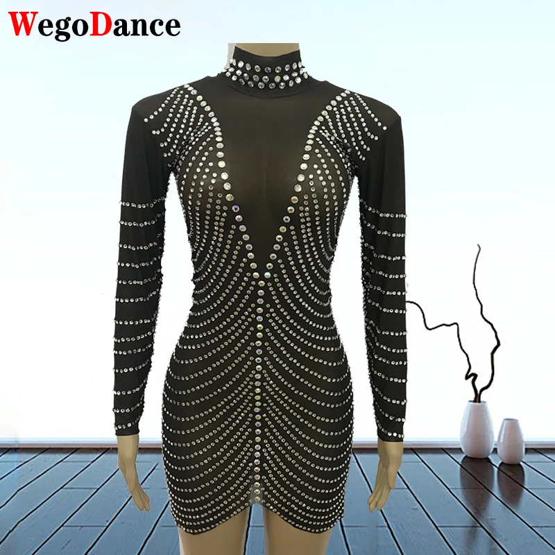 

Black Rhinestone Sexy Slit Bodycon Long Sleeve Dress Women O Neck Night Club Evening Party Tight Dresses