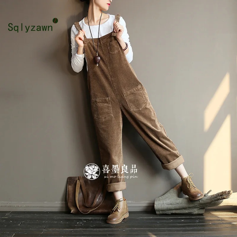 

Autumn Vintage Jumpsuits Overalls Corduroy Pants Women Preppy Loose Strap Thick Warm Pocket Casual Oversized Jumpsuits Rompers