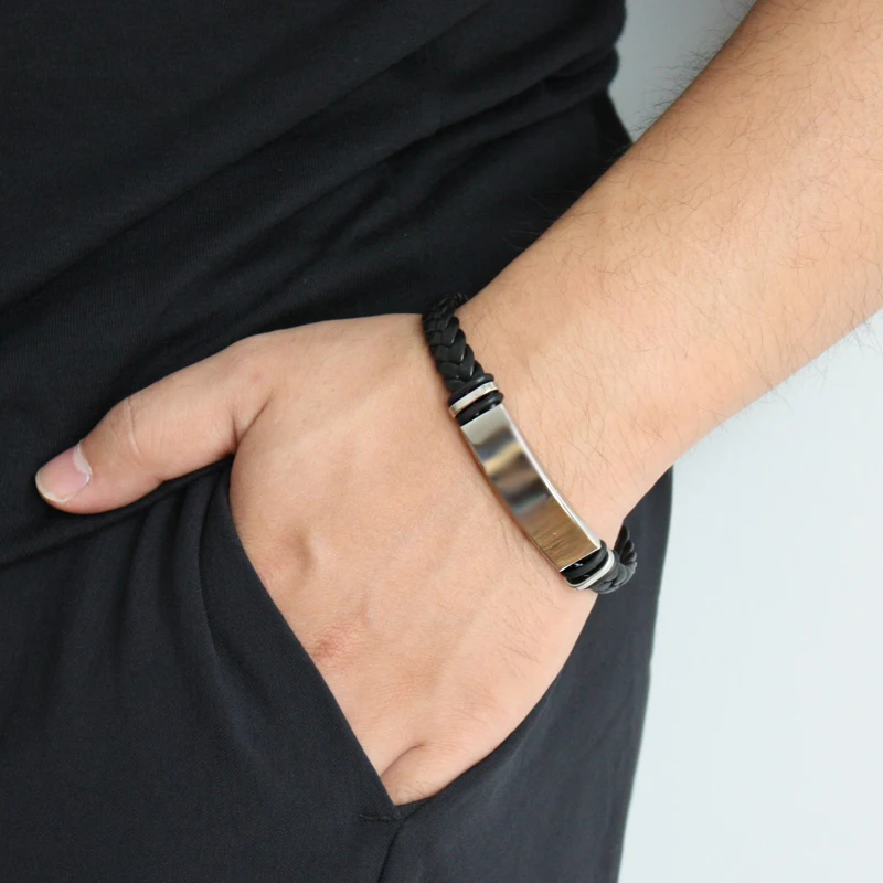 

Classic Men Bracelets Jewelry Fashion Leather Braid Bracelet Stainless Steel Buckle Clasps Leather Wristband Charm Hand Chain