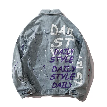 

Letter print streetwear Gradient Hip Hop New Fashion Mens Vintage Punk Rock Black Cowboy Jeans Jacket Unisex Coats Tops Male