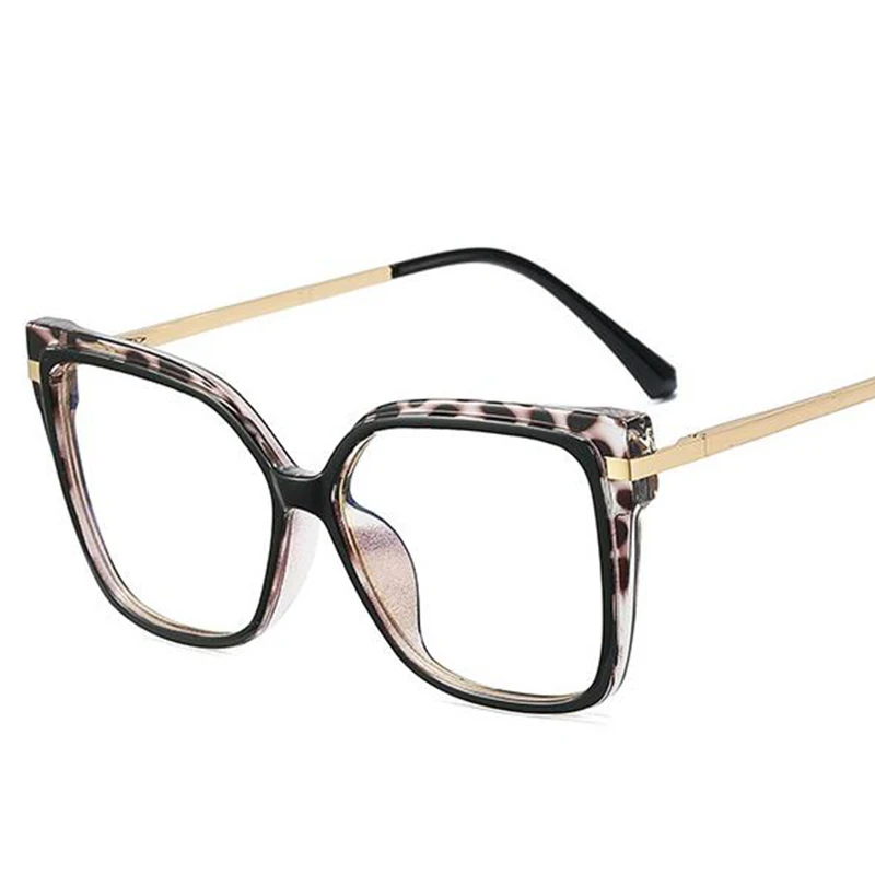 Stylish Optics Minus Myopia Glasses Women Leopard Oversized Square Eyeglasses Frame Metal Computer Anti Blue Light Glasses 0~-6. 3