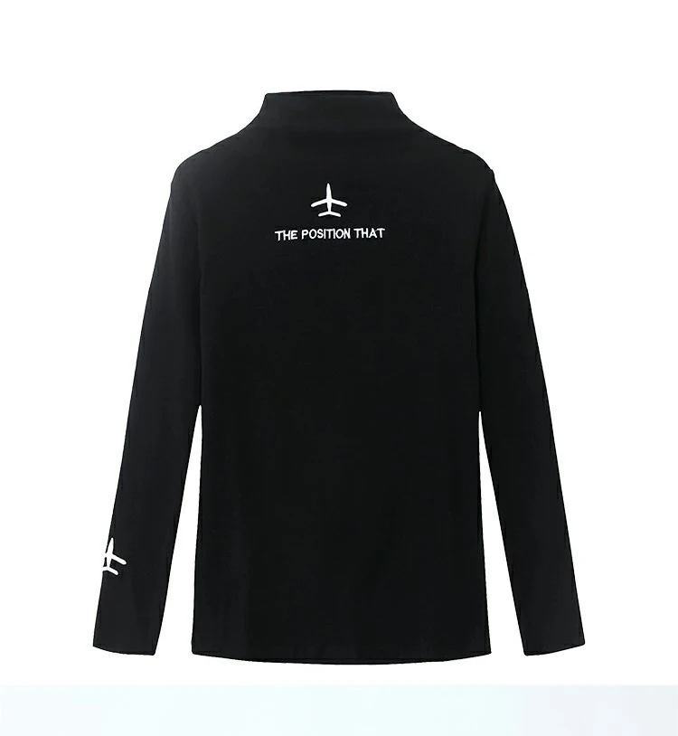 black Elegant Autumn Winter Women T-shirts Elegant Half turtleneck Long Sleeve Tee Tops Embroidery All-match Female T shirt - Цвет: black