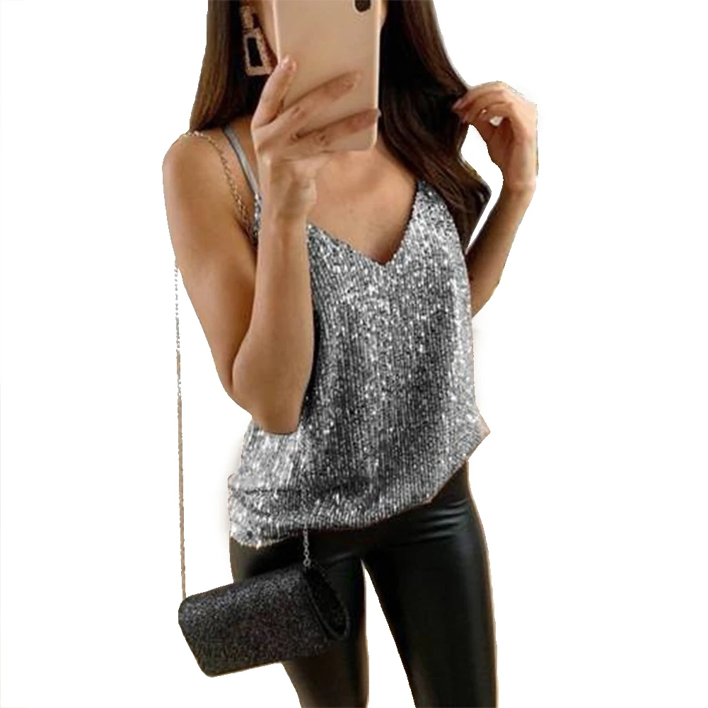 

Casual Travel Pullover Tank Top Loose Summer Shiny Solid V Neck Women Camisole Sequin Sexy Party