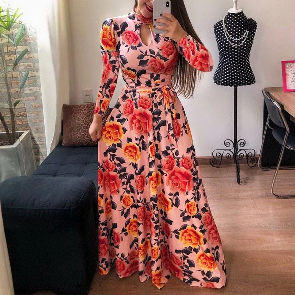 

New Women Long Maxi Dress 2019 Autumn Floral Print Boho Beach Dress Long Sleeve Evening Party Dress Lace Up Tunic Vestido