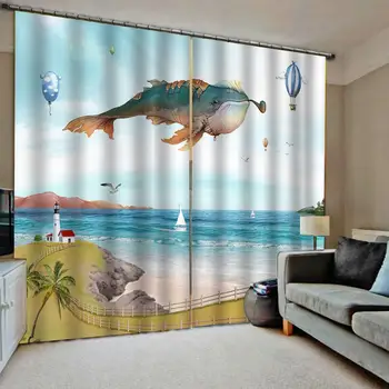 

Blue seaside curtains 3D Curtain Printing Blockout Polyester Blackout curtain