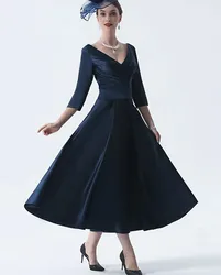 Navy Blue A-Line Mother of the Bride Dress Plus Size Elegant Vintage V Neck Tea Length Satin Party Gown Robe De Soiree