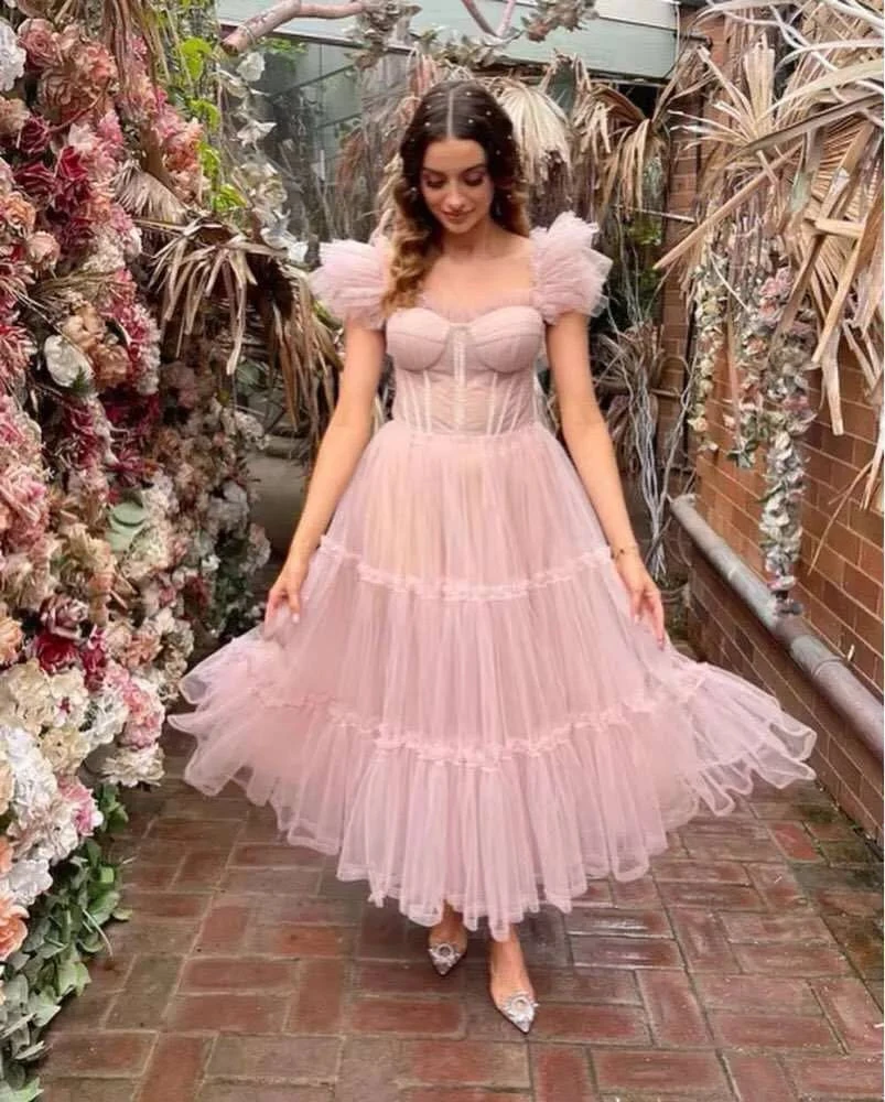 gold prom dress Eightale Pink Prom Dress 2021 Sweetheart Ruffled Tea Length Cap Sleeves Evening Gown Girl Party Dress for Graduation red prom dress