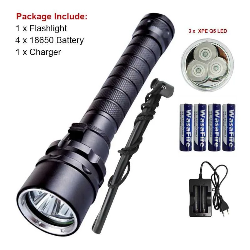 

WasaFire UV Led Dive Flashlight 3*XPE Underwater 100m 18650 Diving Torch Purple Light Portable Ultraviolet Lamp Lantern