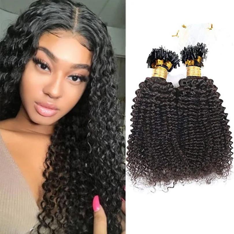 Extensões de Cabelo Pacotes sem Trama Peruano Kinky Encaracolado Micro Laço 1g - Strand 100 g Set Cor Natural Remy Anel Cabelo 2 Apliques ondulados