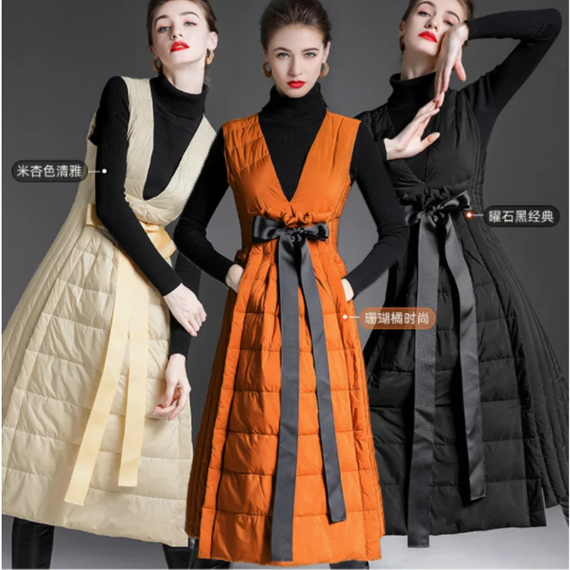 Autumn And Winter Duck Down Long Skirt Thin And Warm Waist Waist Big Swing Sleeveless Pullover Down Jacket Women Long Dress