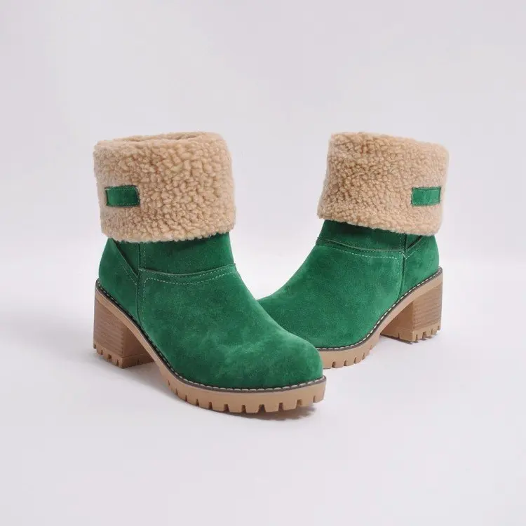 Зимние женские ботильоны; Плюшевые сохраняющие тепло полусапожки из флока на высоком квадратном каблуке без застежки для отдыха; женская зимняя обувь; Botas Mujer