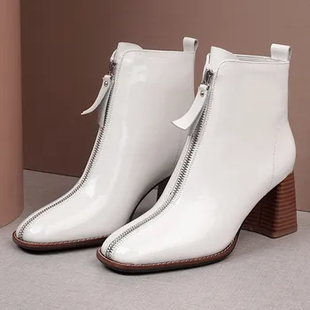 

Plus size 41 women's genuine leather front zip autumn ankle boots thick high heel female short booties comfortable shoes women