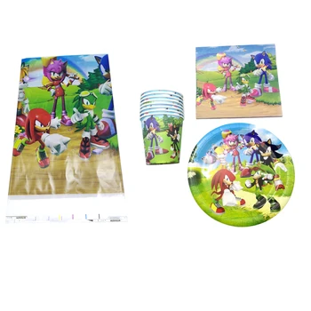 

Boys Favors Sonic the Hedgehog Tablecloth Napkins Baby Shower Decorate Happy Birthday Party Cups Plates Tableware Set 61pcs/lot