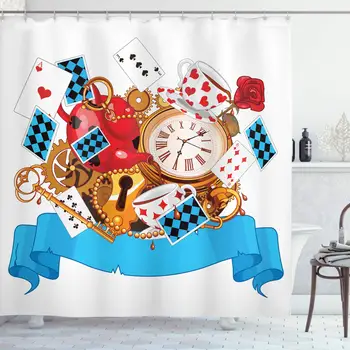 

Alice in Wonderland Shower Curtain, Mad Design of Cards Clocks Tea Pots Keys Flowers Fantasy World Artwork, Cloth Fabric
