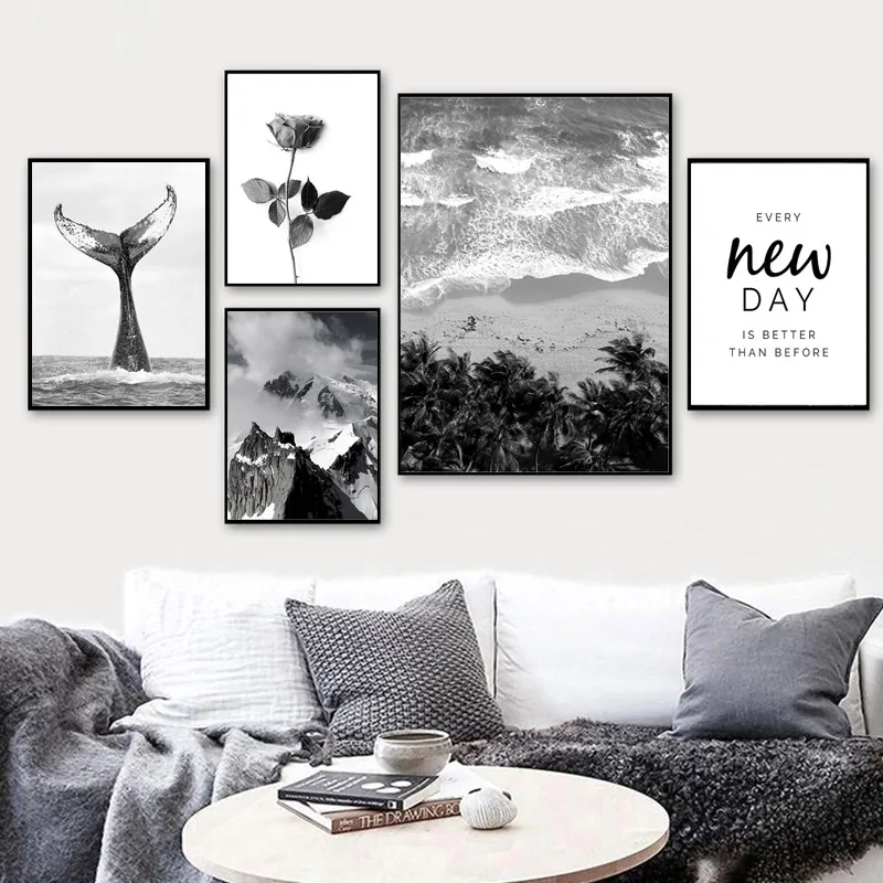 

Black and White Modern Canvas Painting Landscape Moutain Forest Wall Art Prints for Interior New Day Quote Picture for Home