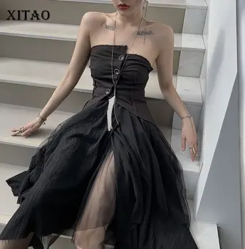 

XITAO High Waist Irregular Mesh Skirt Women Clothes 2020 Spring New Fashion Loose Elastic Waist Slim Match All Skirt ZLL5030