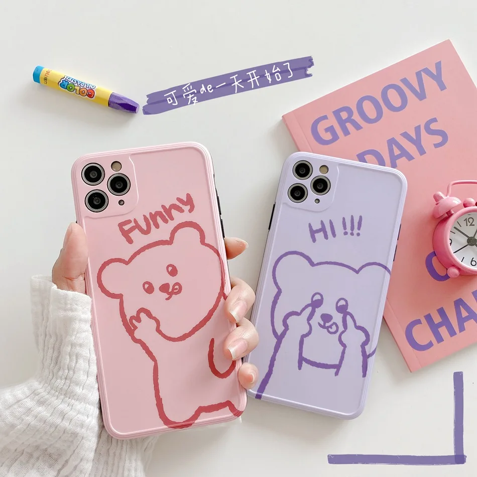 

For iPhone 11 Pro XS Max XR X Case Cute Cartoon Funny Bear Pattern Phone Case For iPhone SE 8 7 Plus Soft Shockproof Back Cover