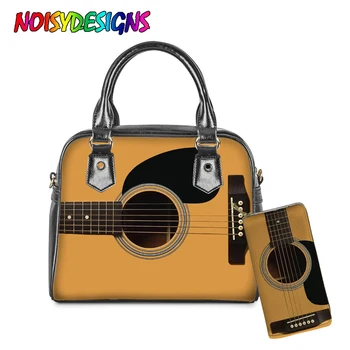 

NOISYDESIGNS Retro Musical Instrument Pattern Ladies Handbag PU Leather 2Pcs Set Crossbody Bag Wallet Guitar Print Messenger Bag
