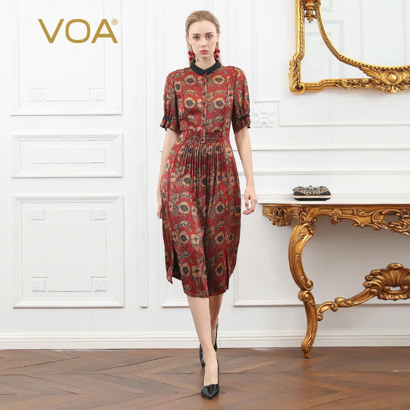 

VOA shirt collar type waist hugging profile silk dress slim git knee-length slit-side printed silk dress A1811