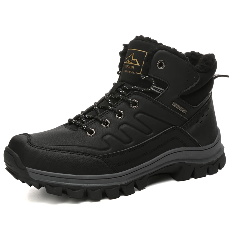 Baideng/мужские треккинговые ботинки из искусственной кожи с высоким берцем и мехом; Качественная обувь для альпинизма; нескользящие мужские зимние кроссовки для охоты и треккинга - Цвет: Black