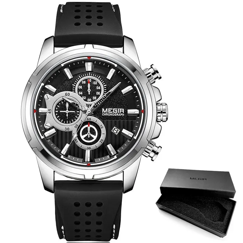MEGIR военные кварцевые часы мужские лучший бренд класса люкс Хронограф Спортивные часы Relogios Masculino силиконовые наручные часы мужские 2101 черные - Цвет: MN2101G-Silver
