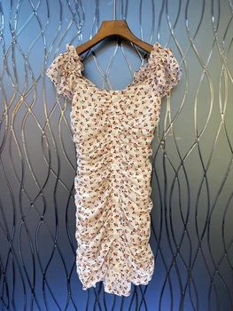 

2020 Spring and Summer New Bertha Small Floral Pattern Decorative Wrinkle Knot Sleeveless Dress 638