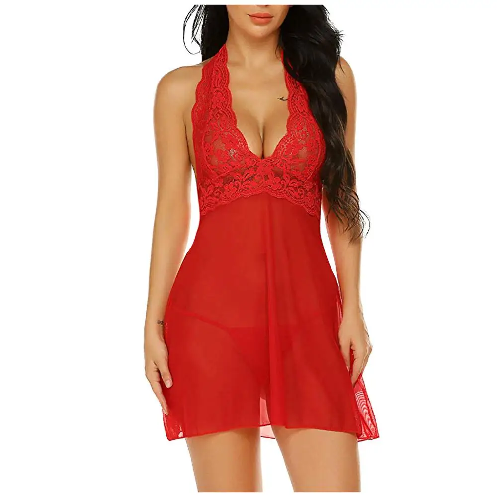 Кружевная ночная рубашка, женская одежда для сна, летняя Пижама, пеньюар, ночная рубашка, сексуальное нижнее белье, набор, халат, женская ночная рубашка - Цвет: Red