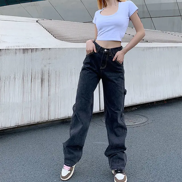 2020 Women Jeans Baggy Smoky Gray Blue Elegant Wide Leg Cargo Pants Girl  Straight Casual Loose High Waist Denim For Femme Mujer From Mammon29,  $52.42