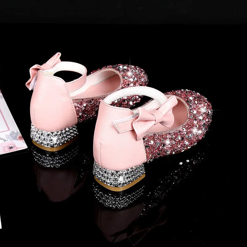 ULKNN Girls Princess Shoes Kids Crystal Leather Shoes 2021 Spring New Children's Single High Heel Shoes Bow-knot Silver 26-38 girls shoes