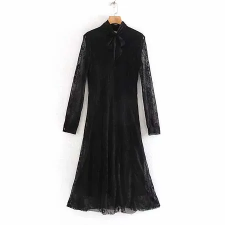 Женское кружевное платье с бантом, новинка, Элегантное Длинное платье с длинным рукавом, с высоким воротником, одноцветное, женское, Vestidos Chic INKEO 9D019 - Цвет: Черный