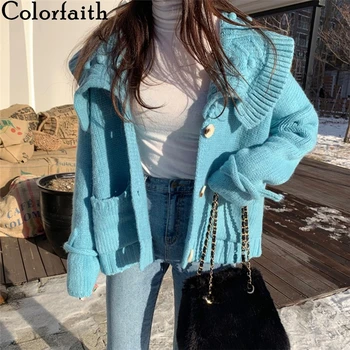 

Colorfaith New 2019 Fall Winter Women's Sweaters Single Breasted Casual Turn-down Collar Knitted Cardigans Pockets Tops SWC7812