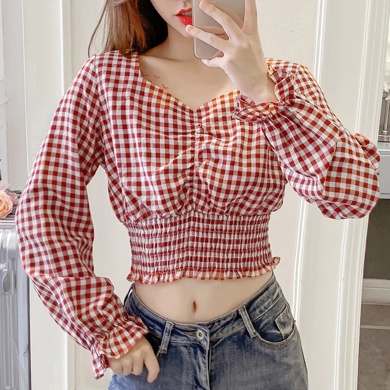 Женская рубашка в клетку с V образным вырезом винтажная шифоновая блузка длинным