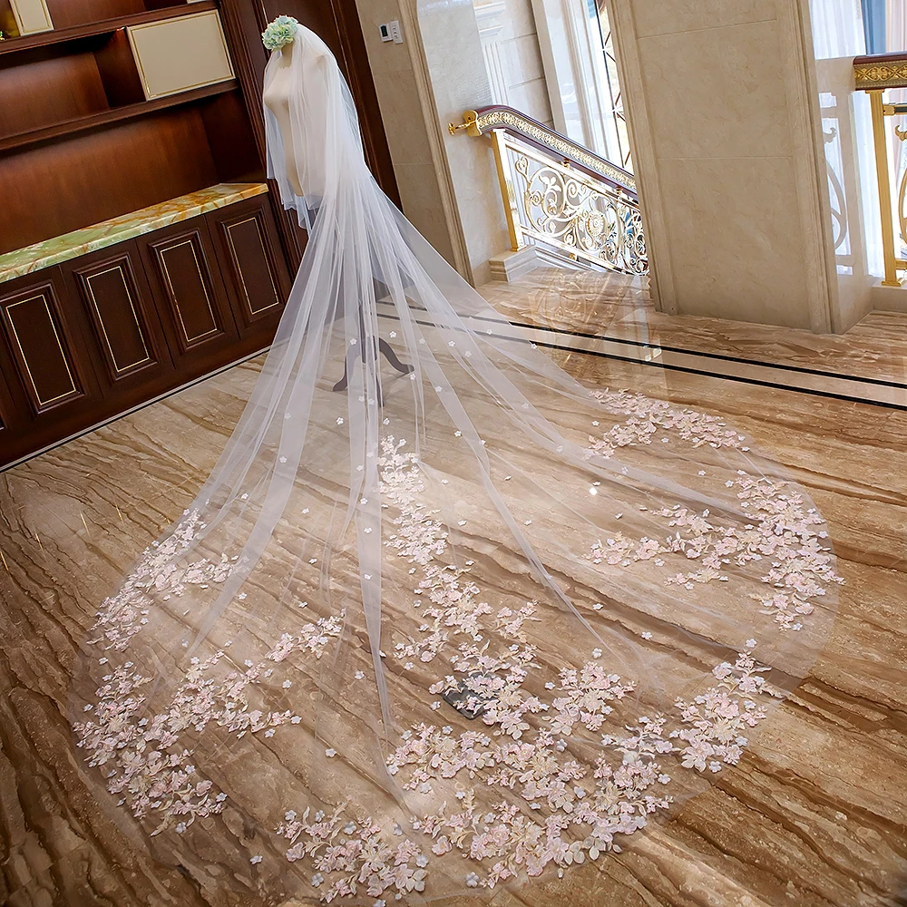 White Ivory Two Layer Lace Wedding Veil with Pink Flowers Cathedral Long Bridal Veils with Metal Comb Wedding Accessories Bride bridal veil