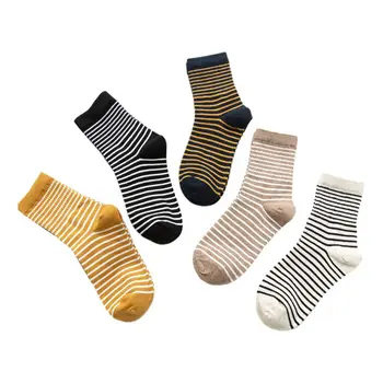 

5 Pairs Korean Fresh Style Women Contrast Color Thin Stripes Cotton Crew Socks