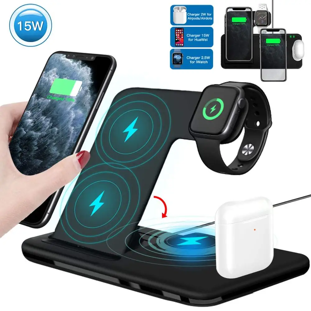 

15W Wireless Charger Stand for Apple Watch 5 4 3 2 Airpods Pro 4 in 1 Qi Fast Charging Station Dock For iPhone 11 XS Max XR X 8