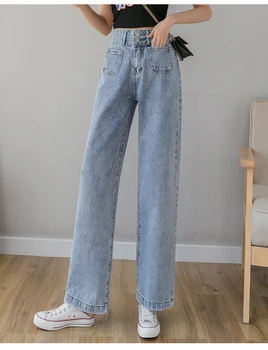 

Pockets Patchwork High Waist Jeans Women Streetwear Straight Jean Femme Blue 100% Cotton Cargo Pants