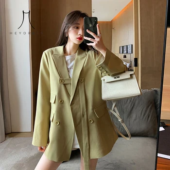 

Women Spring Double Breasted Blazers Jackets Vintage Green Female Loose Blazers Casual Street Office Lady Belt Outwears