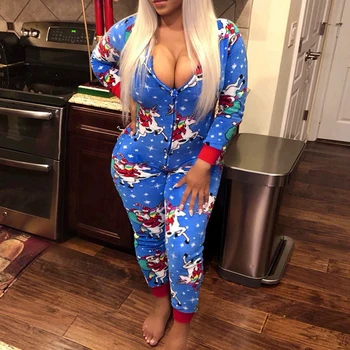 

Women Casual Hooded Christmas Print Homewear Slim Fit V-neck pajamas Women Sexy Printed Long Sleeves Pajamas