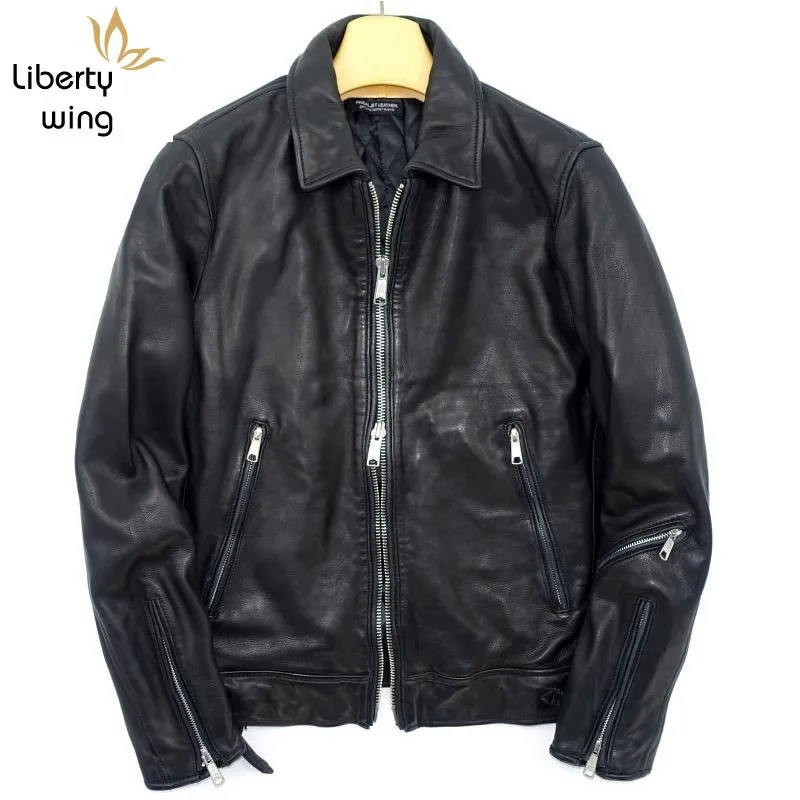 

Top Quality Men Sheepskin Real Zippers Cotton Padded Warm Motorcycle Jacket Man Slim Fit Genuine Leather Coats