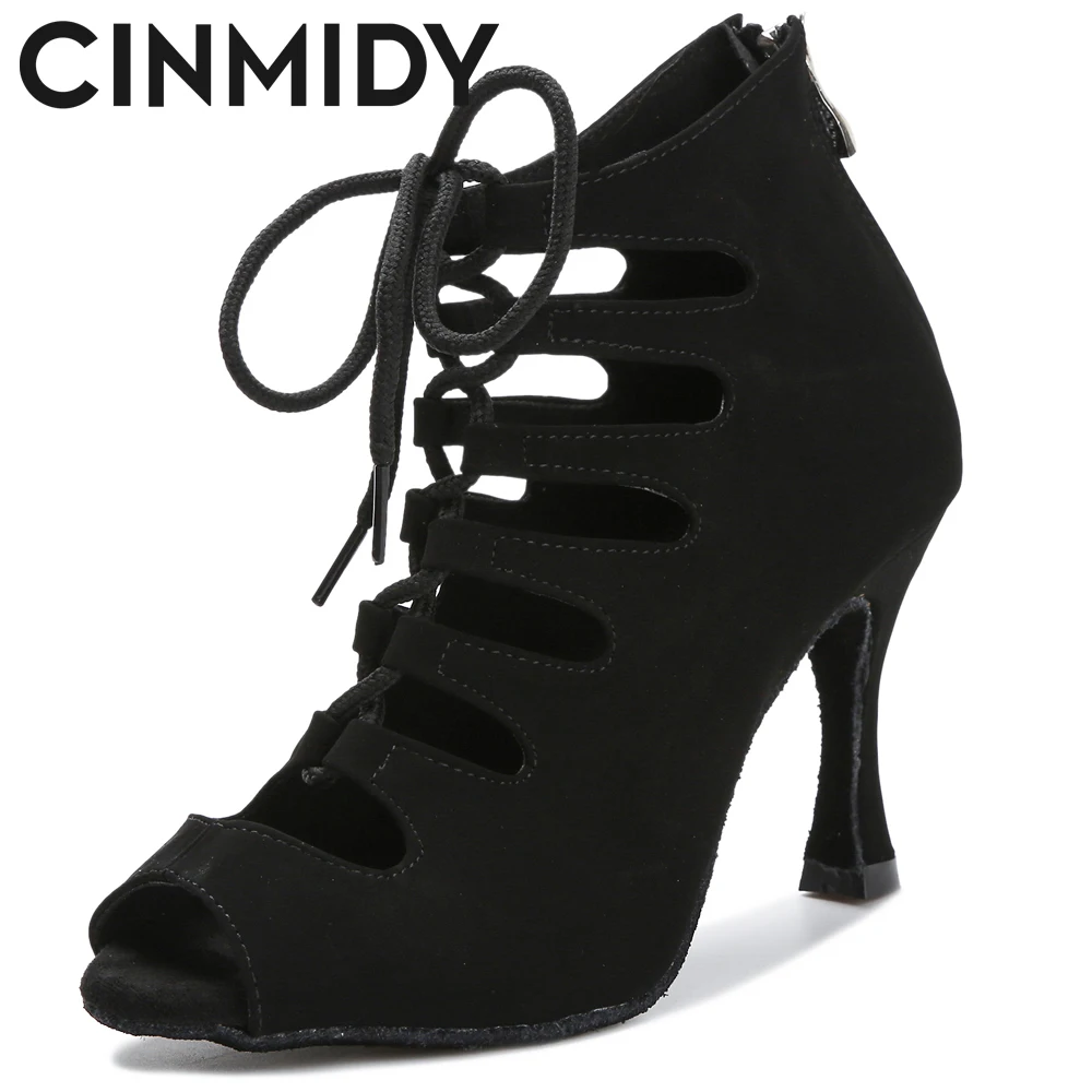 Black Latin Dance Shoes Women Tango Salsa Rumba Ballroom Satin Dance Boots Red Sexy Pole Shoes Ladies High Heels
