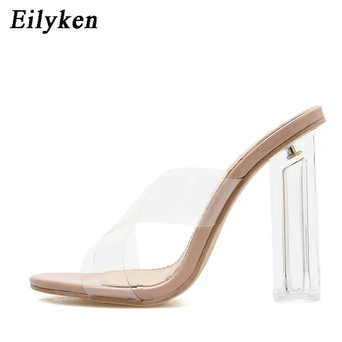 Apricot Eilyken/Новинка года; женские туфли без задника из прозрачного плексигласа на высоком каблуке; пикантные прозрачные женские шлепанцы без задника с открытым носком из пвх; размеры 41, 42 - Цвет: Apricot