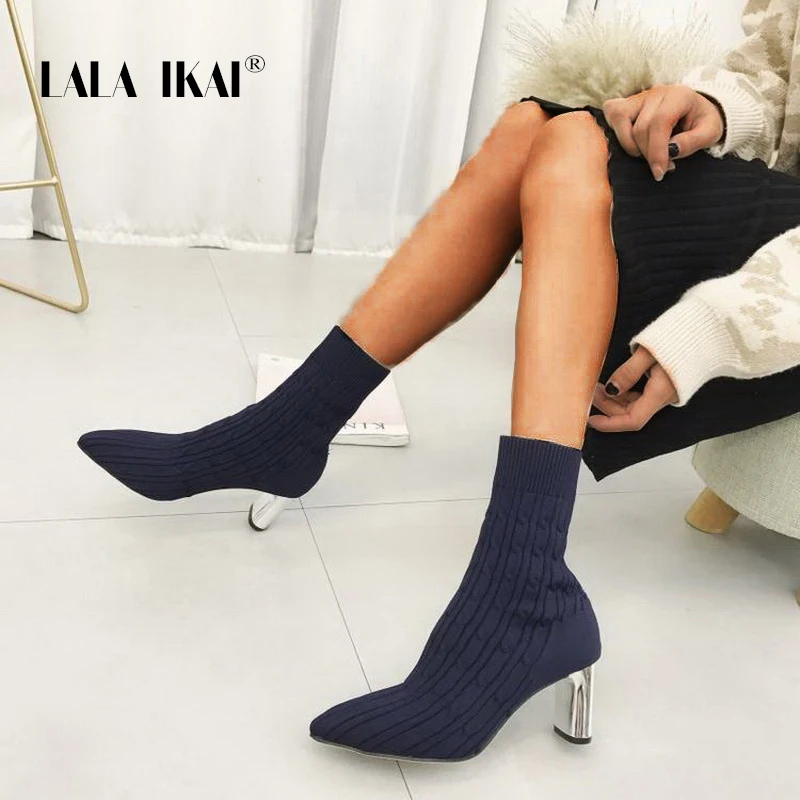 

LALA IKAI Women Black Ankle Boots Slip-on Chunky Heels Boots Stretch Fabric Sock Pumps Female Knitted Pointed Toe Boots WC5500-4