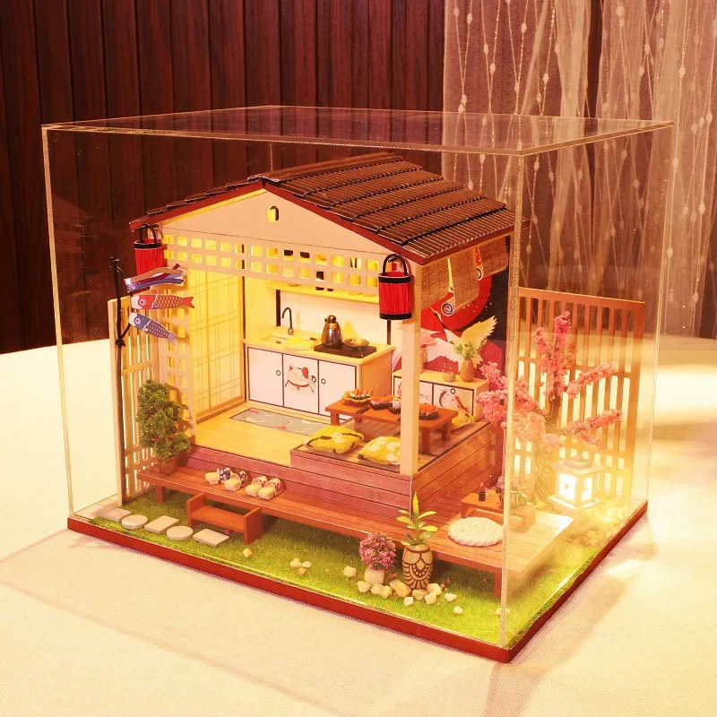 

Japanese Style Handmade Wood DIY Hut Tilt Sakura Cottage Creative Villa Assembled Model DIY Materials Toy Women's Gift