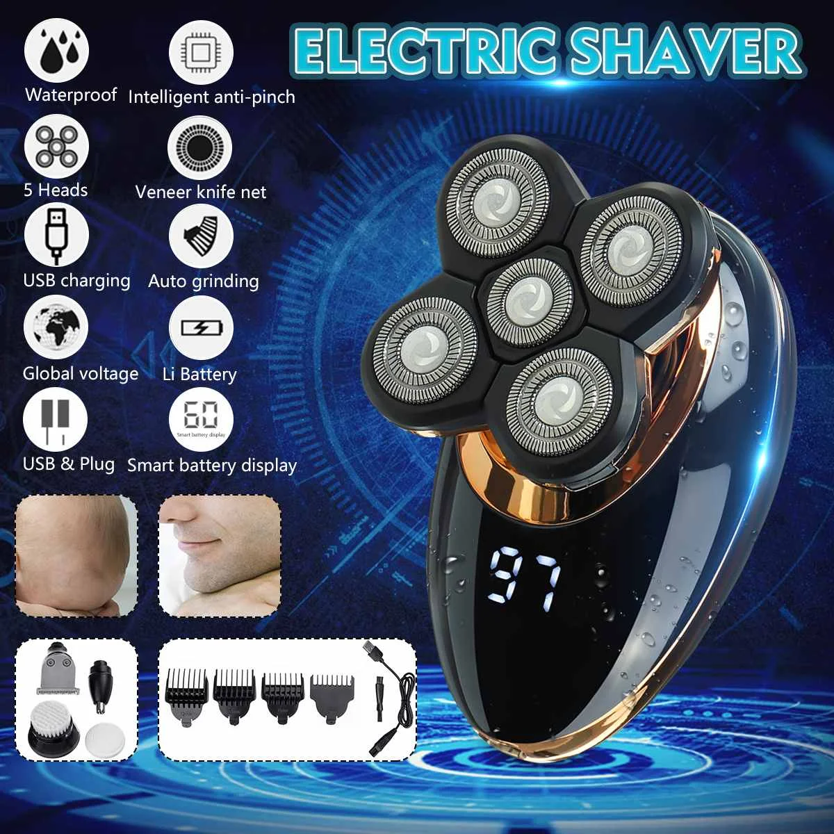 

SPZ 5 In 1 4D Electric Shaver USB Rechargeable IPX5 Ergonomic Design For Men Women Bald Head Polish Hair Clipper Trimmer