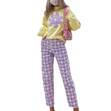 

Autumn Womens Loose Casual Polyester Sweatshirts Cute Plaid Floral Embroidery Long Sleeve Round Neck T-Shirts
