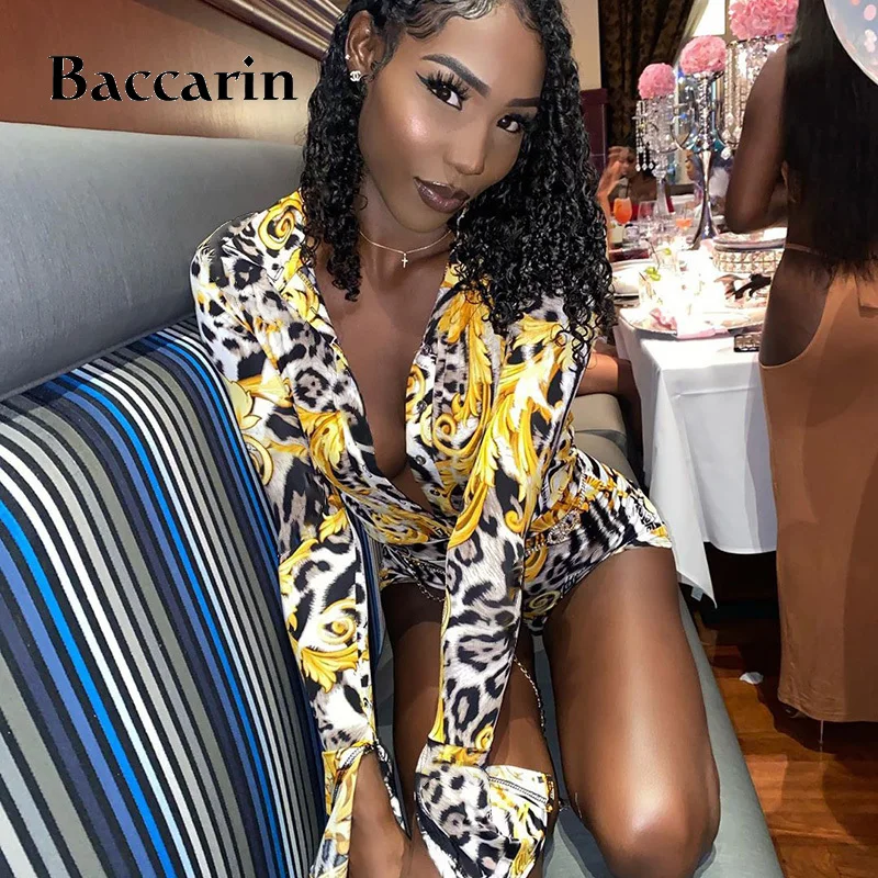 

Baccarin Leopard Print Women Playsuit Long Sleeve V Neck Button Sexy Stretch Streetwear 2020 Autumn Winter Club One Piece Office