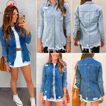 

Fashion Women Spring Autumn Denim Coat Hollow Out Design Pockets Button Decor Turn-down Collar Long Sleeve Solid Color Slim Top